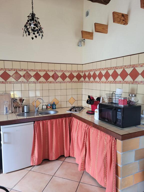 a kitchen with a sink and a microwave at Gîte le Chai in Le Teich