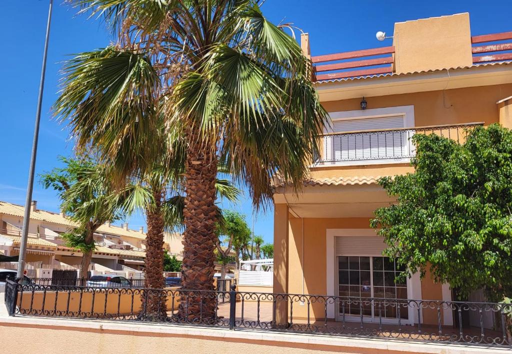 two palm trees in front of a building at King`s Apartaments in San Javier