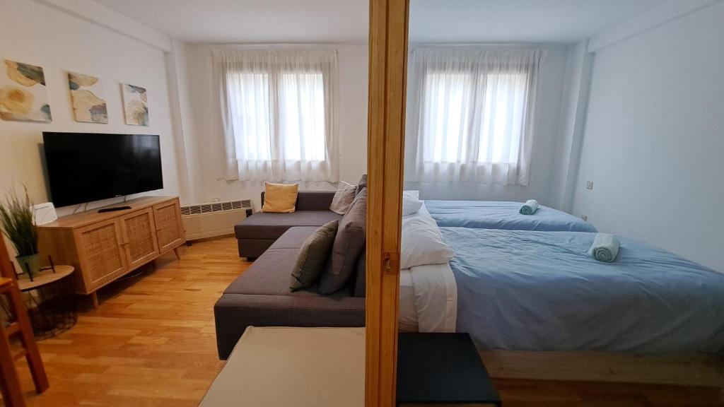 1 dormitorio con cama, sofá y TV en ssolivellasscanfranc, en Canfranc-Estación