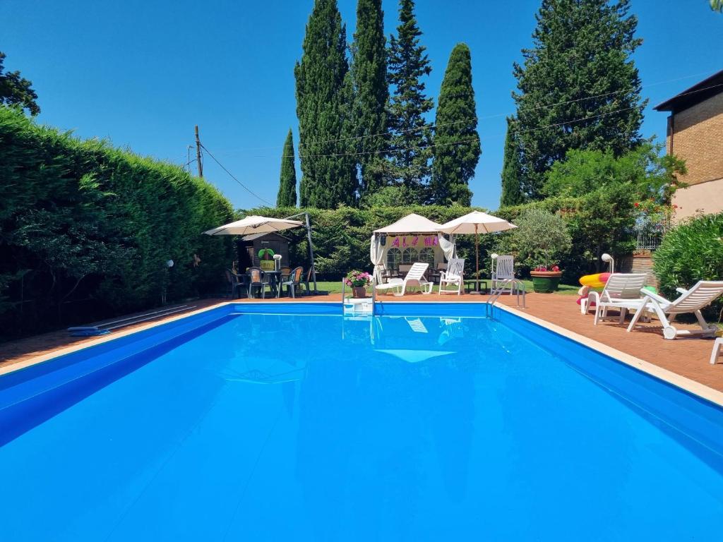 a swimming pool in a yard with chairs and umbrellas at Gli ulivi di Siena in Siena