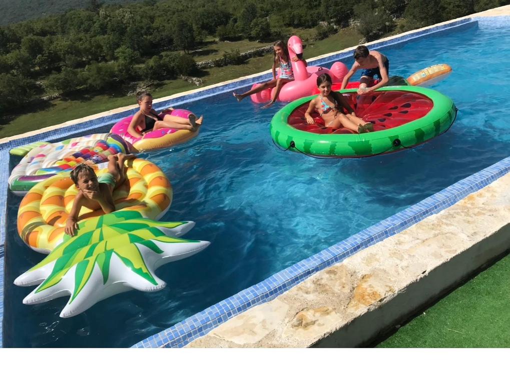 um grupo de pessoas numa piscina insuflável em Etno selo montegoat em Nikšić