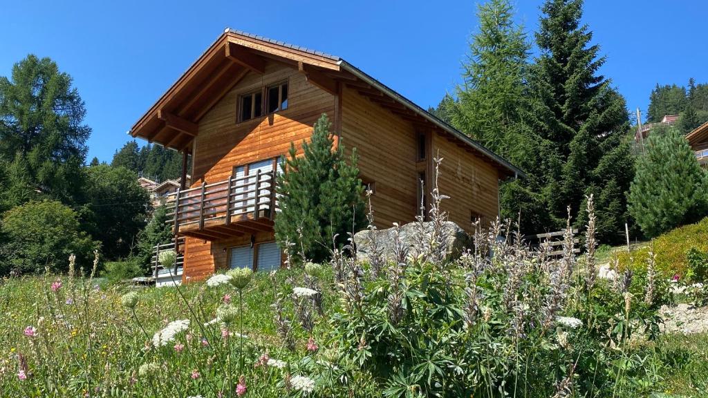 a log cabin in the woods with a field of flowers at La Pourvoirie - 4 Vallées - Thyon-Les Collons, 10 pers, ski à 200 m, 4 parkings, vue fantastique ! in Hérémence