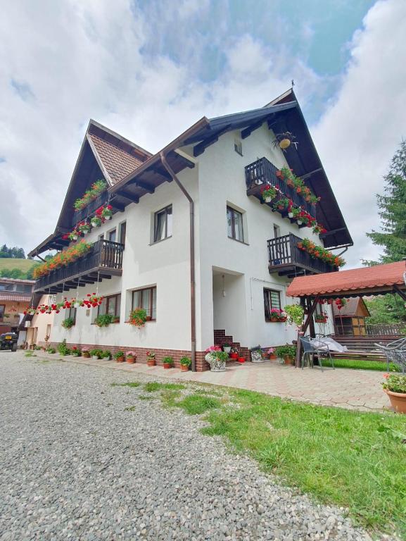 a white house with a black roof at Casa Flavius in Bran