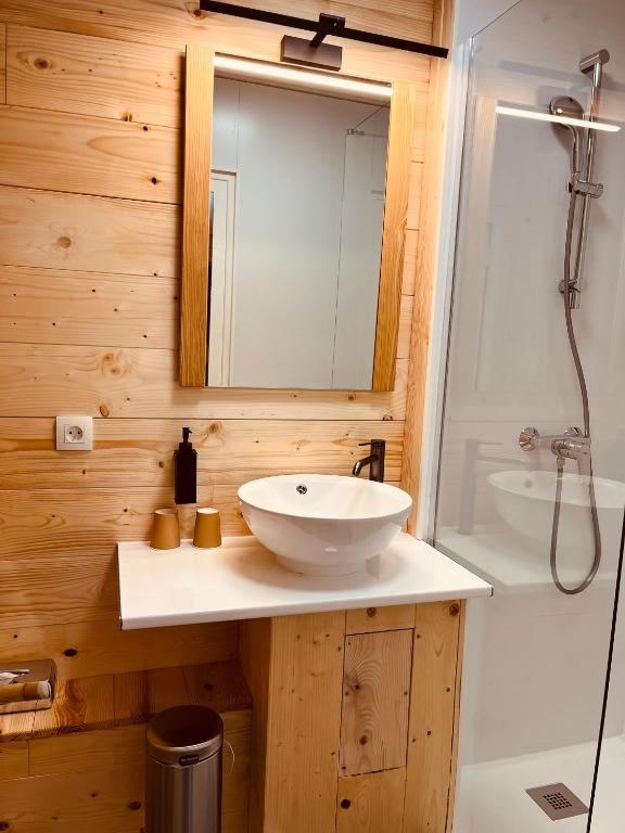 a bathroom with a white sink and a shower at Hotel Le Panorama in Le Mont-Dore