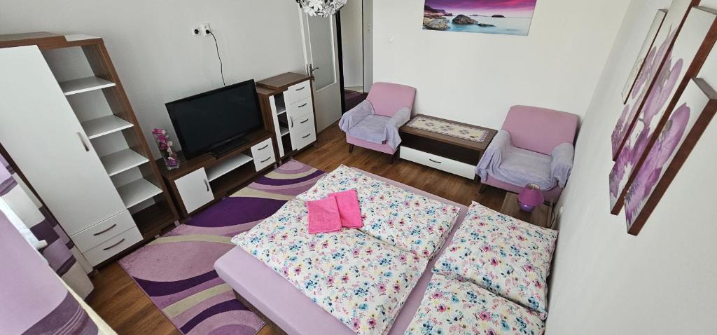 Pokój z łóżkiem, 2 krzesłami i telewizorem w obiekcie Privat Agnesa w Zuberzcu