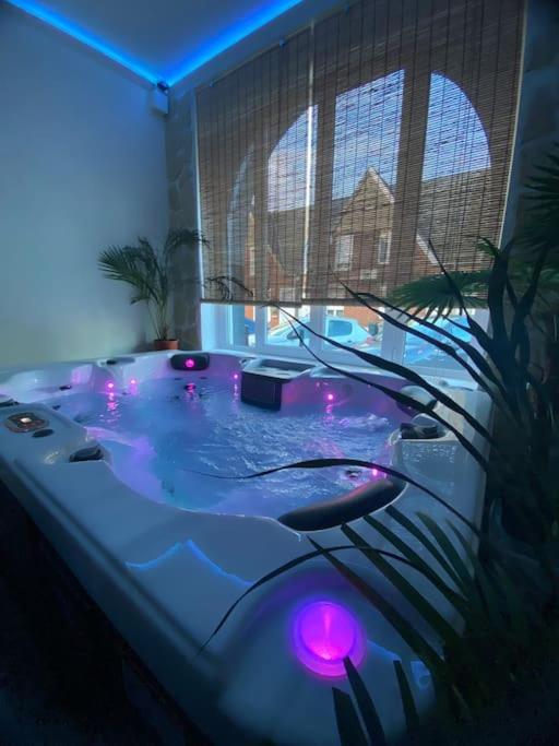 Cette chambre comprend une baignoire avec des lumières violettes. dans l'établissement L’oasis spa, à Quiévrechain
