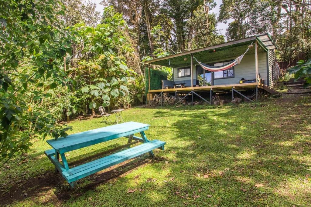 a blue bench sitting in front of a house at Tiny house Monteverde in Monteverde Costa Rica