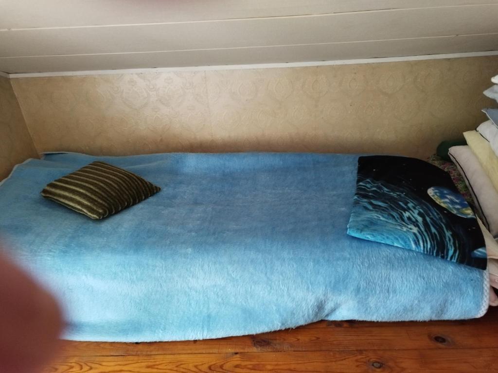 - un lit bleu avec 2 oreillers au-dessus dans l'établissement Mysig Stuga På Houtskär, à Houtskari