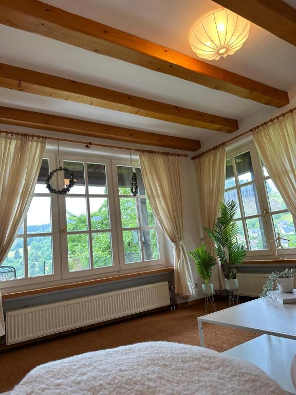 a bedroom with large windows and a white bed at Urlaubsschmiede Winterberg in Winterberg