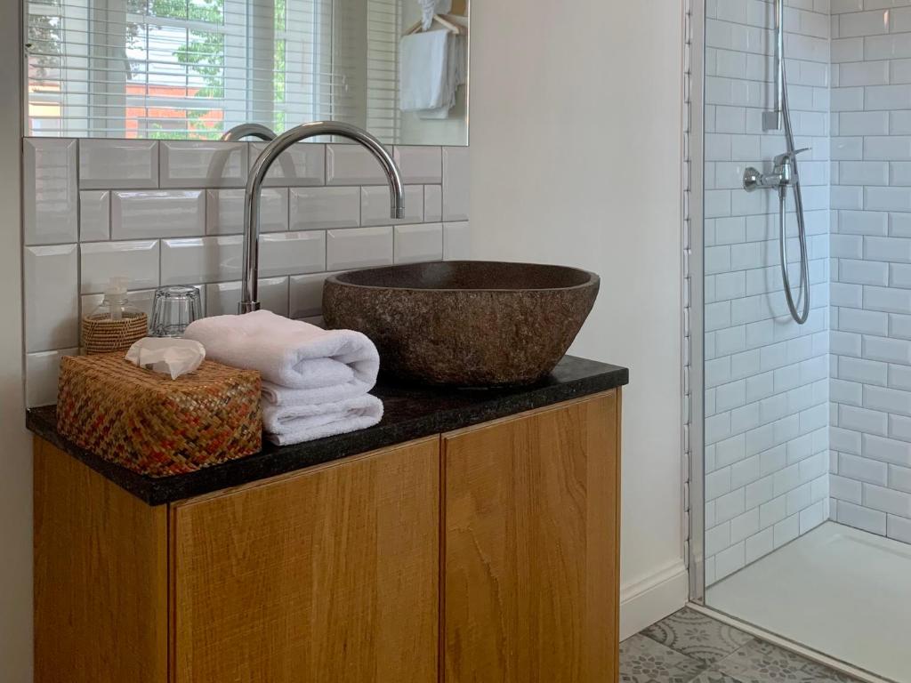 eine Badezimmertheke mit einem Waschbecken und einer Dusche in der Unterkunft Vakantiewoning Guesthouse MOMO in Dilsen-Stokkem