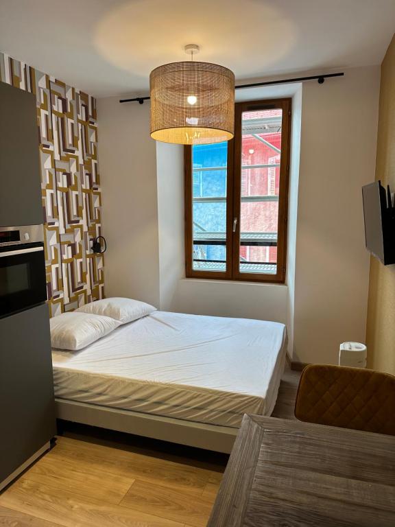 1 dormitorio con cama y ventana en Coeur vieille ville, en Annecy