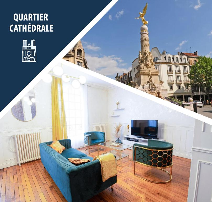 un salon avec un canapé bleu et une télévision dans l'établissement Spacieux Cœur de Reims, à Reims