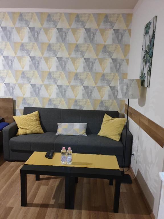 sala de estar con sofá y mesa de centro en Green Apartman Salgótarján en Salgótarján