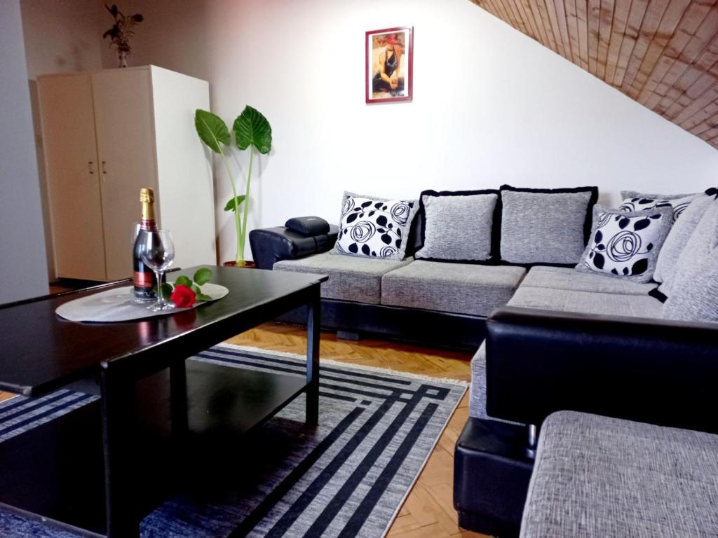 ein Wohnzimmer mit einem Sofa und einem Tisch in der Unterkunft Apartman Alex 7 in Bajina Bašta