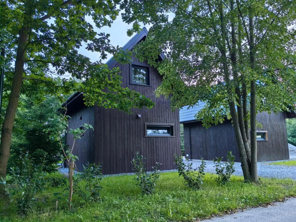 ein schwarzes Haus mit Garage und Bäumen in der Unterkunft Osada Mrożynka in Rebiszów