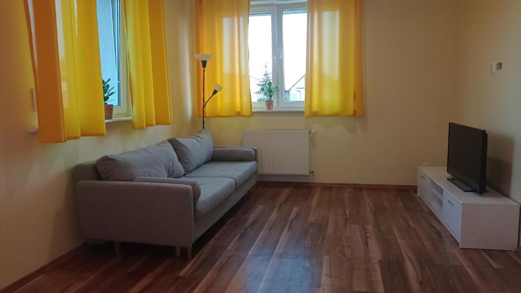 a living room with a couch and a television at Apartament Słoneczny in Poznań