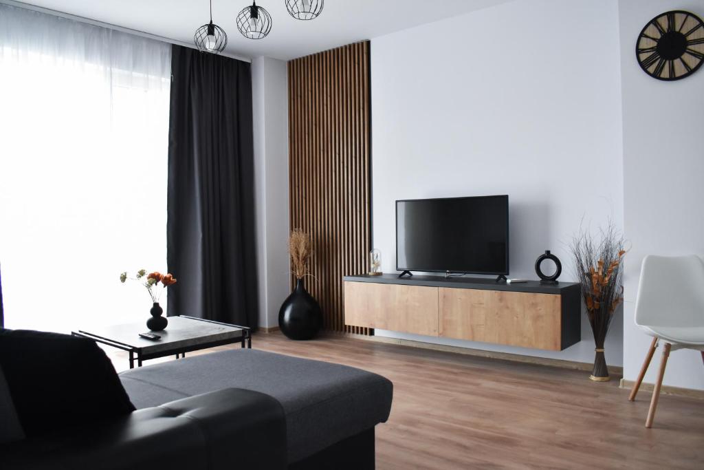 - un salon avec un canapé et une télévision sur une armoire dans l'établissement Sunset view Armoniei Apartament, à Timişoara