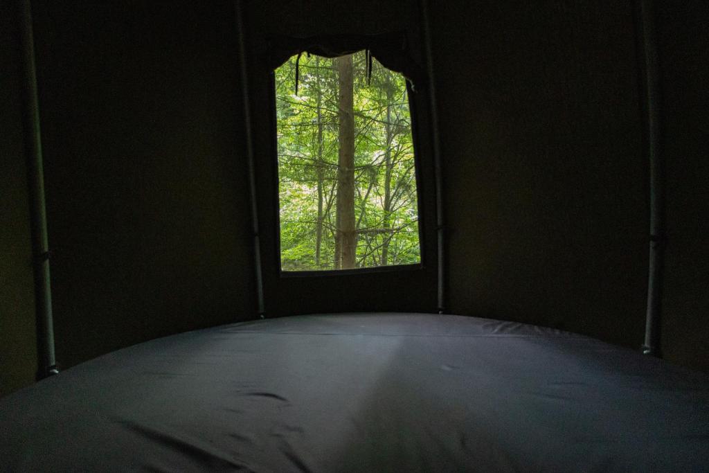 a room with a bed with a window in it at WisiLas Nad Sercowym Potokiem in Rabka-Zdrój