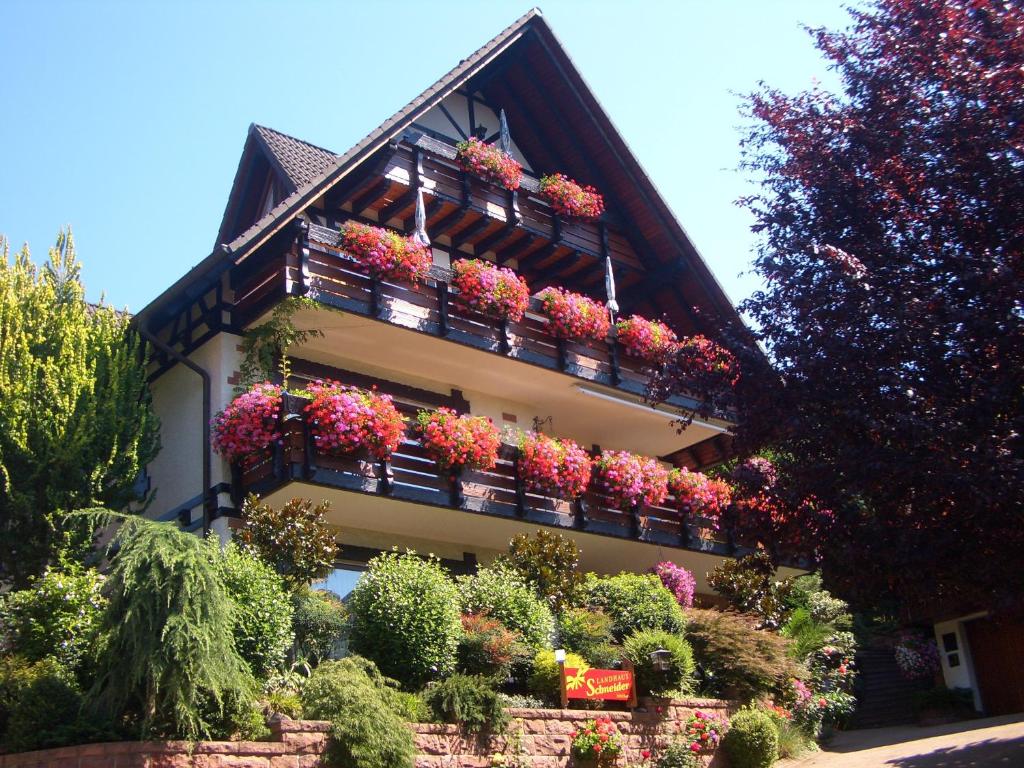 ein Gebäude mit vielen Pflanzen und Blumen darauf in der Unterkunft Landhaus Schneider in Sasbachwalden
