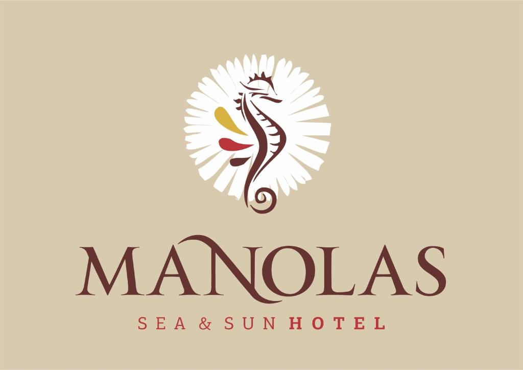 a logo for a seafood hotel with a scorpion in a crest at Manolas in Nei Poroi