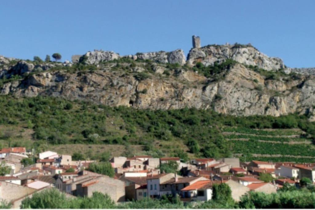 un village sur une colline avec un château sur une montagne dans l'établissement Détente et plaisir à Taltahull, à Tautavel
