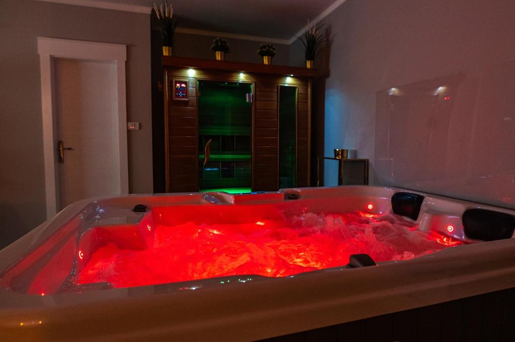 a bath tub filled with red dye in a room at Level 2 Spa Apartman in Šabac