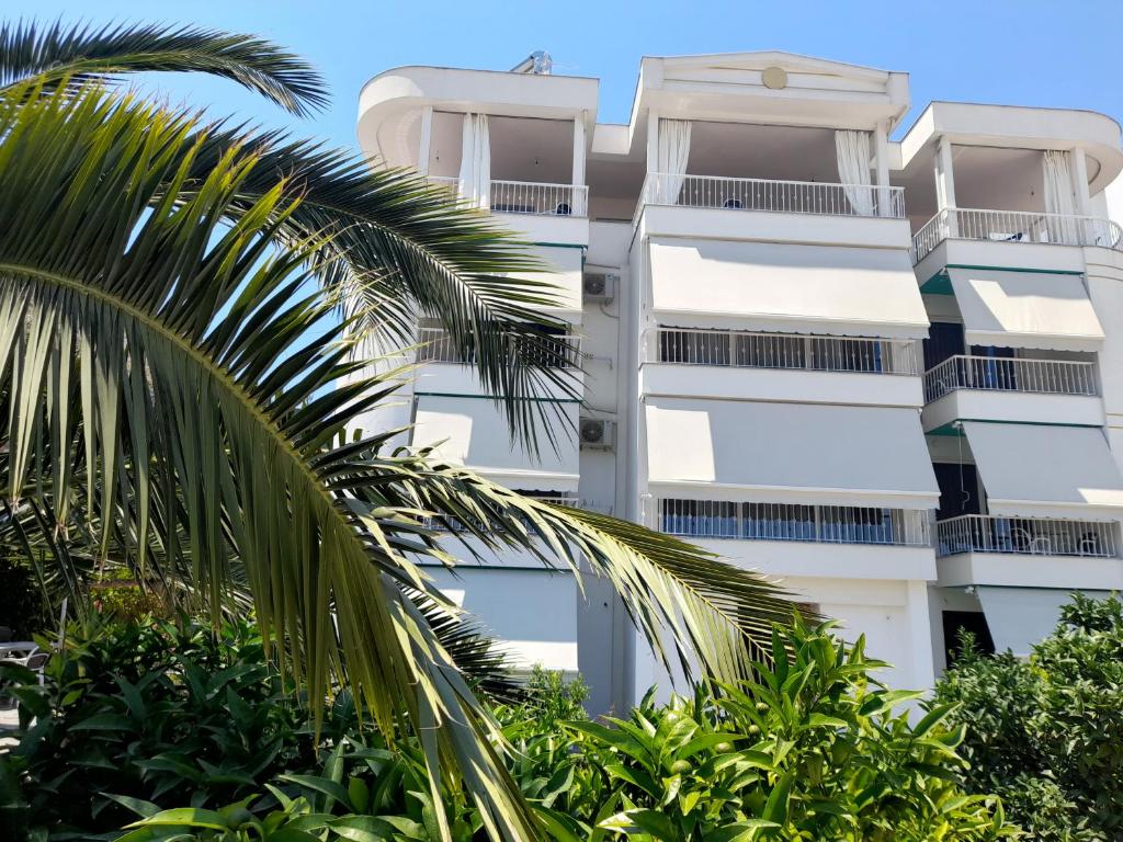 an apartment building with palm trees in front of it at Vila Marjana in Sarandë