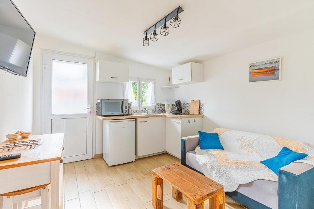un salon avec un canapé et une cuisine dans l'établissement Maisonnette Du Bassin, à Gujan-Mestras