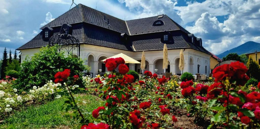 a house with red flowers in front of it at Kaštieľ Košťany in Košťany nad Turcom