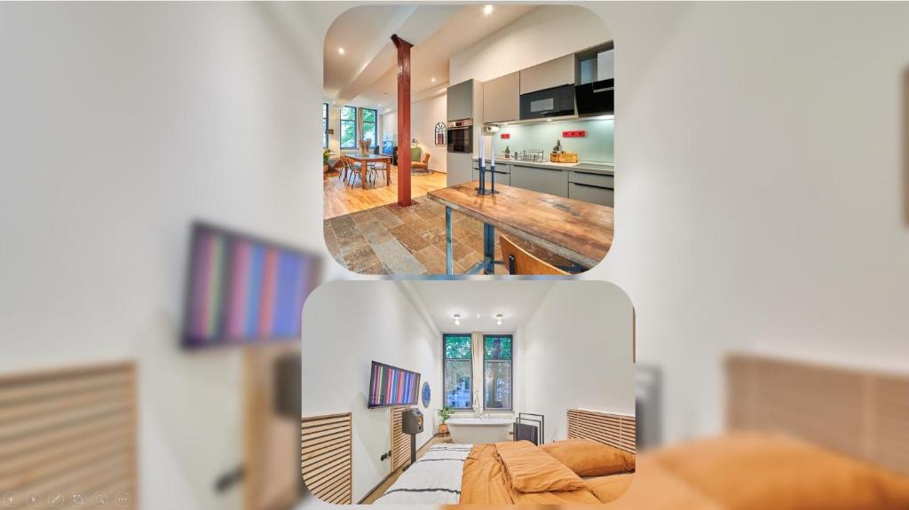 eine Collage mit Fotos von einem Wohnzimmer und einer Küche in der Unterkunft casanando prestige Suites - HiFi Erlebnis in Zoo - und Citylage in Leipzig