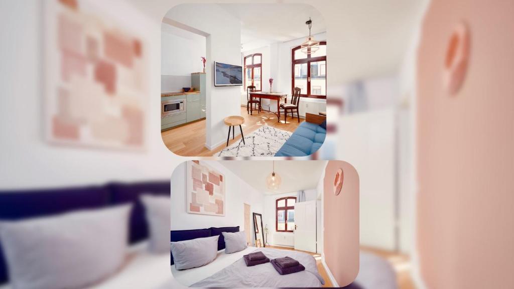 eine Collage mit zwei Bildern eines Wohnzimmers in der Unterkunft casanando - LaMaison - neu saniert in ruhiger Innenstadtlage in Leipzig