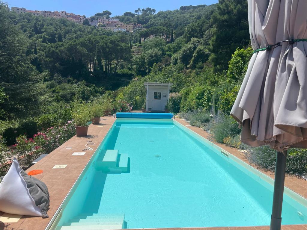 a blue swimming pool with an umbrella and a mountain at Villa Shanti Yoga & Meditation in Marciana