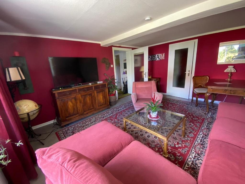 ein Wohnzimmer mit einem rosa Sofa und einem TV in der Unterkunft Happy Teapot Apartment in Malsfeld