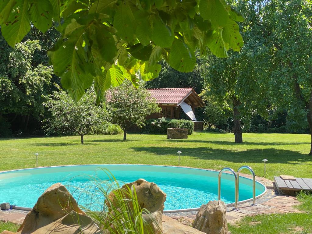 een zwembad in een tuin met een huis bij Romantisches Blockhaus an der Märchenstraße! in Reinhardshagen