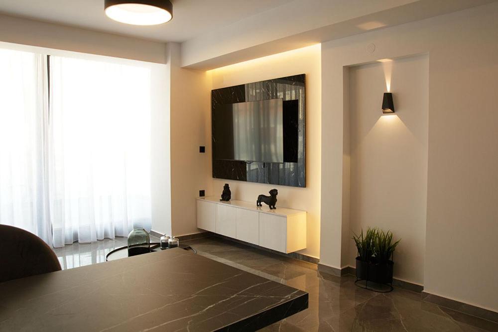 een woonkamer met een televisie en twee katten op een aanrecht bij P J Luxury Suites in Serres