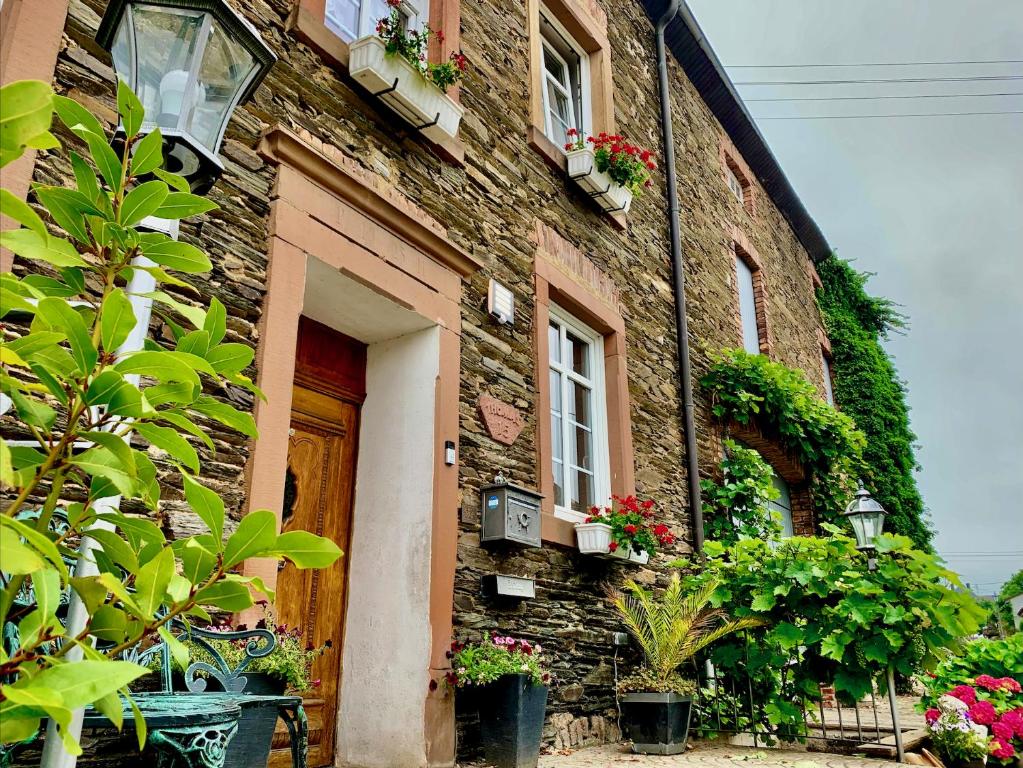 ein Backsteingebäude mit Topfpflanzen und einer Tür in der Unterkunft Ferienwohnung Cäcilia im idyllischen Haus Kommeles - Leiwen an der Mosel in Leiwen
