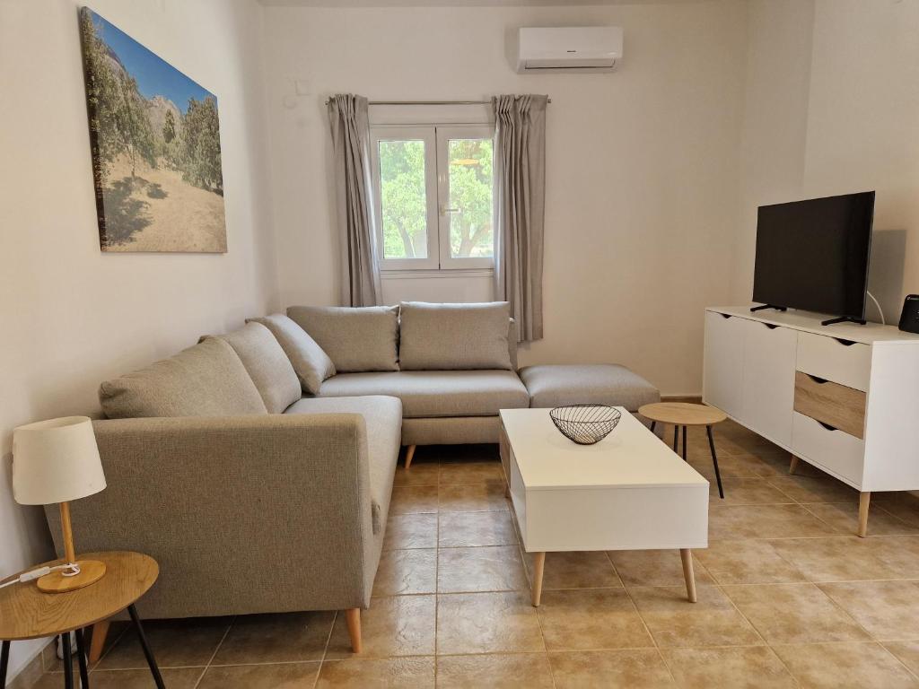 een woonkamer met een bank en een tv bij MemRo Village House in Atsoupádhes