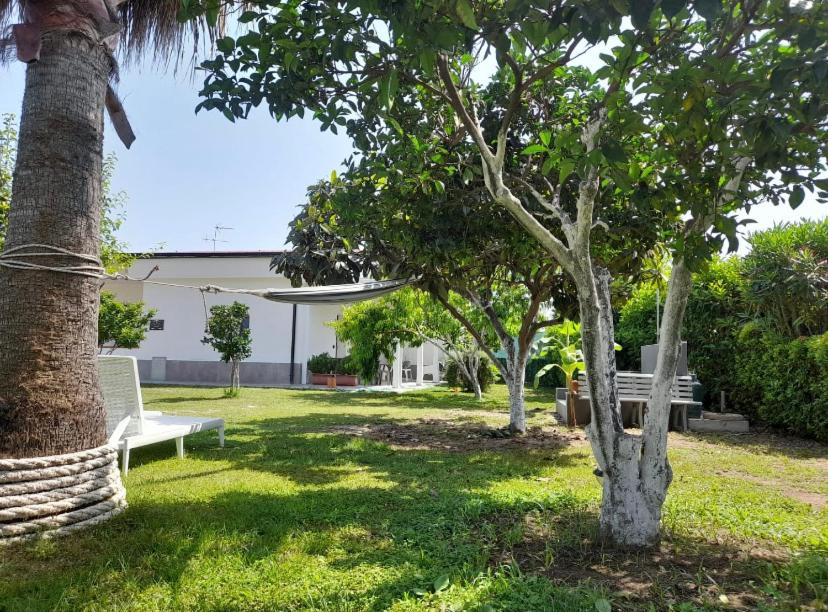 un parque con un banco y árboles y un edificio en Aragon Cottage Apartments, en Le Castella