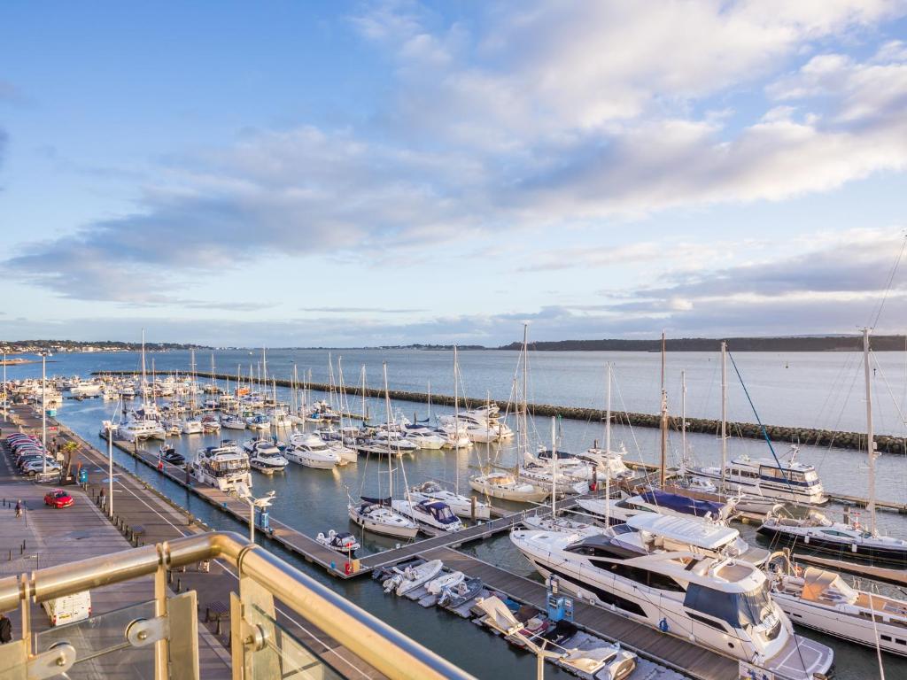 a bunch of boats docked in a harbor at Riva - sea views in Poole