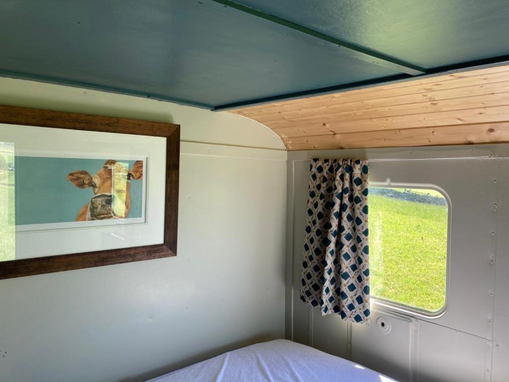 1 dormitorio con techo azul y ventana en Renison's Farm en Penrith