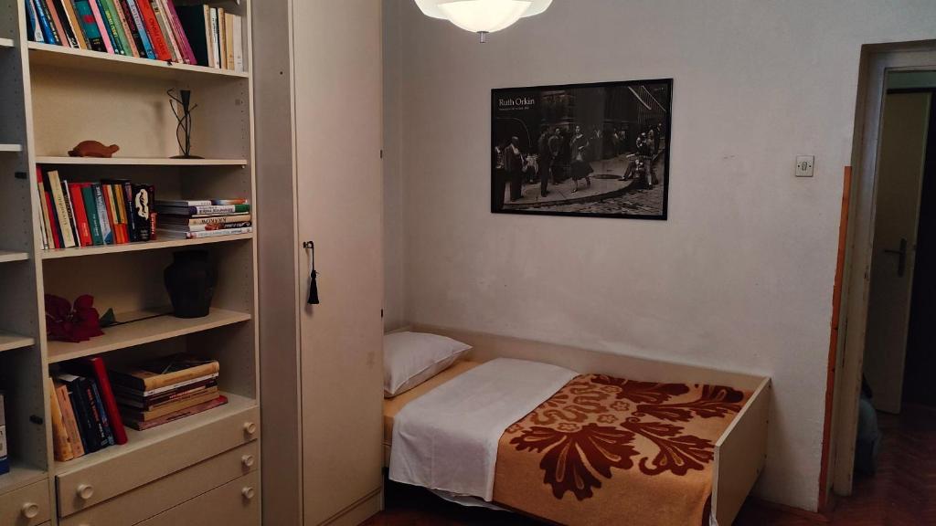 um pequeno quarto com uma cama e uma estante de livros em Eleonora em Koper