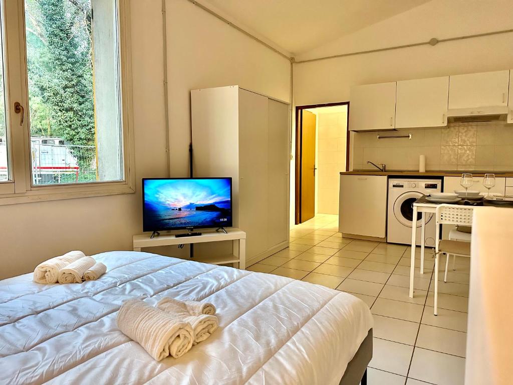 een slaapkamer met een bed en een televisie en een keuken bij “Il Casale Nel Bosco…Al Mare” in Lido di Savio