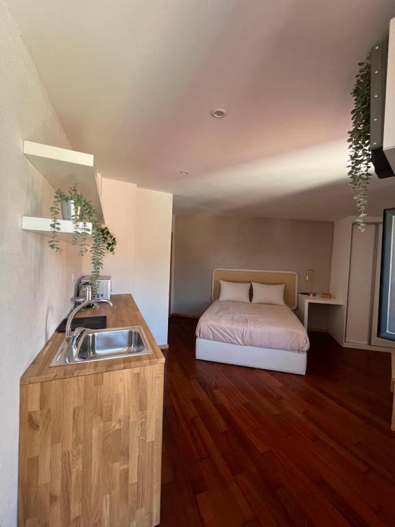 eine Küche mit einem Waschbecken und ein Bett in einem Zimmer in der Unterkunft Casas da Corujeira in Porto