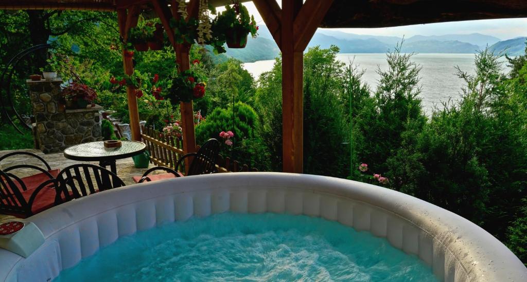 a hot tub on a patio with a view of the water at Studio Mokos in Donji Milanovac