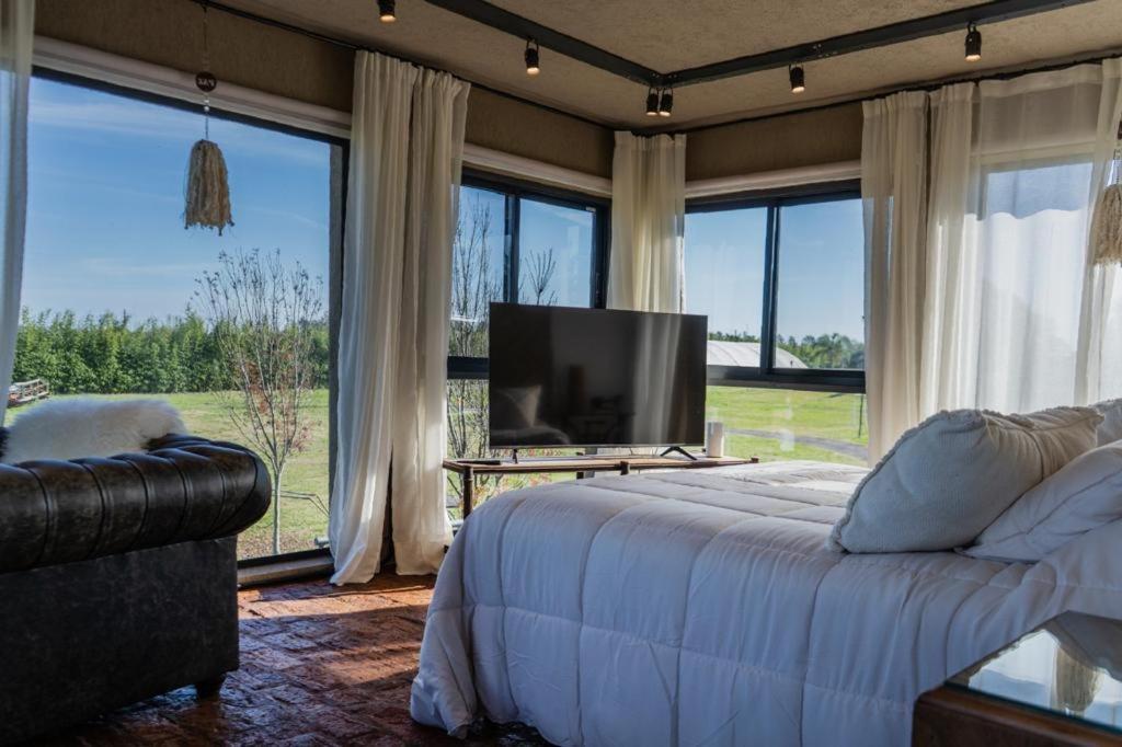 a bedroom with a bed and a tv and large windows at Las Magnolias Bodega Boutique in Gualeguaychú