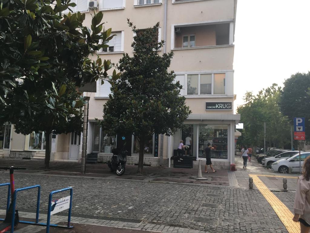 a tree in front of a building on a street at City Center apartment in Podgorica