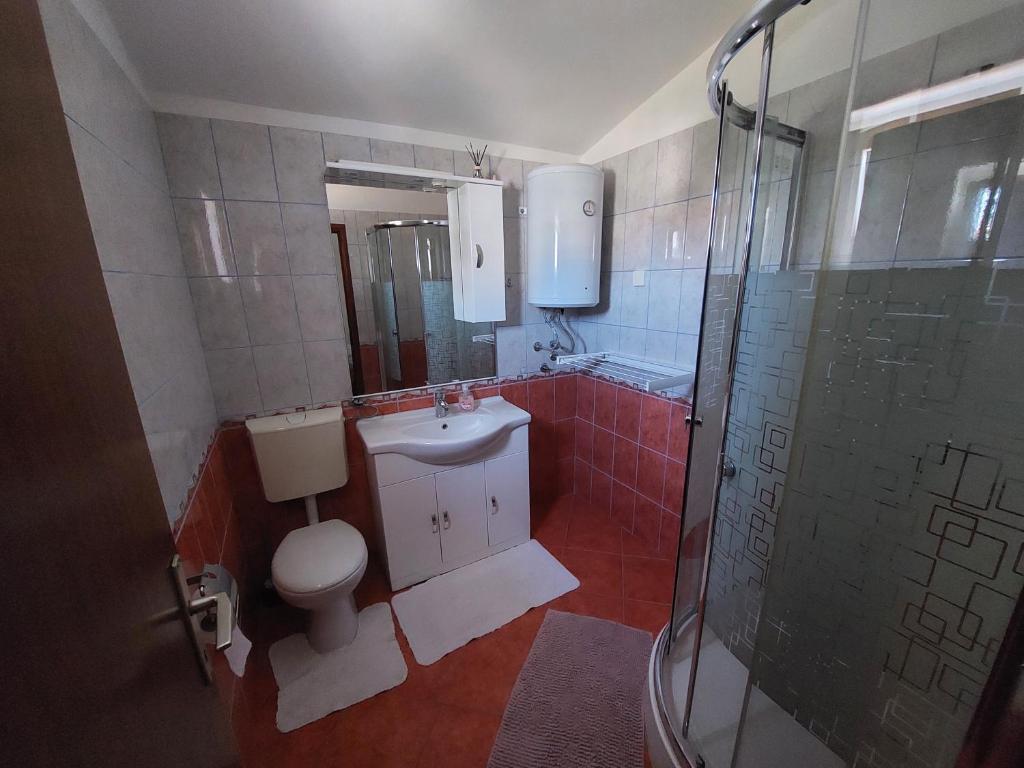 a bathroom with a toilet and a shower and a sink at Apartmens Zora in Tribunj