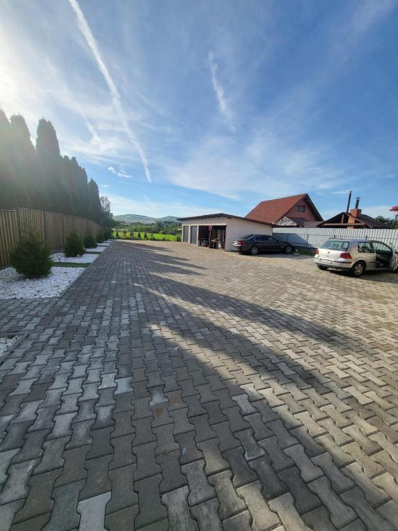a brick driveway with cars parked in a yard at Eduard House Room in Ungheni