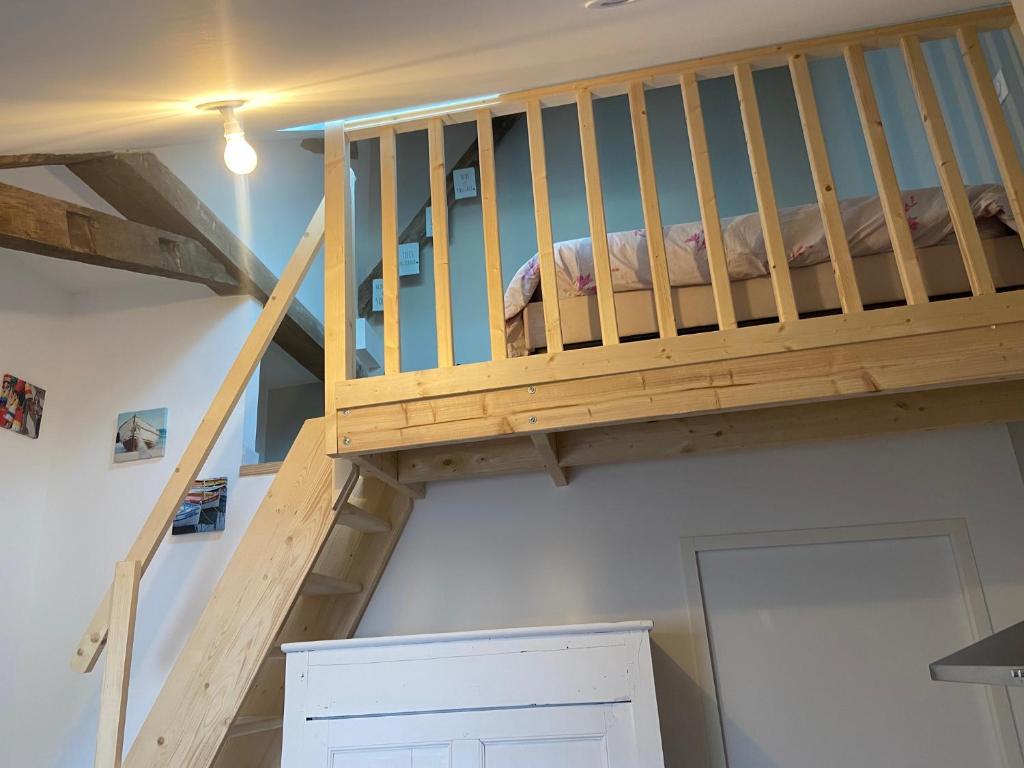 a loft bed in a room with a staircase at Amaryllis aux Bords de Loire in Les Rosiers