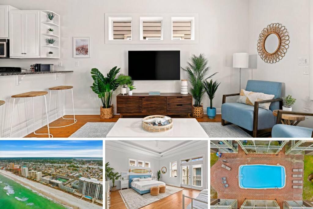 een collage van foto's van een woonkamer en een keuken bij Crescent Moon Palace - A Luxury Home with Pool, Parking, Just steps to the Beach in Panama City Beach